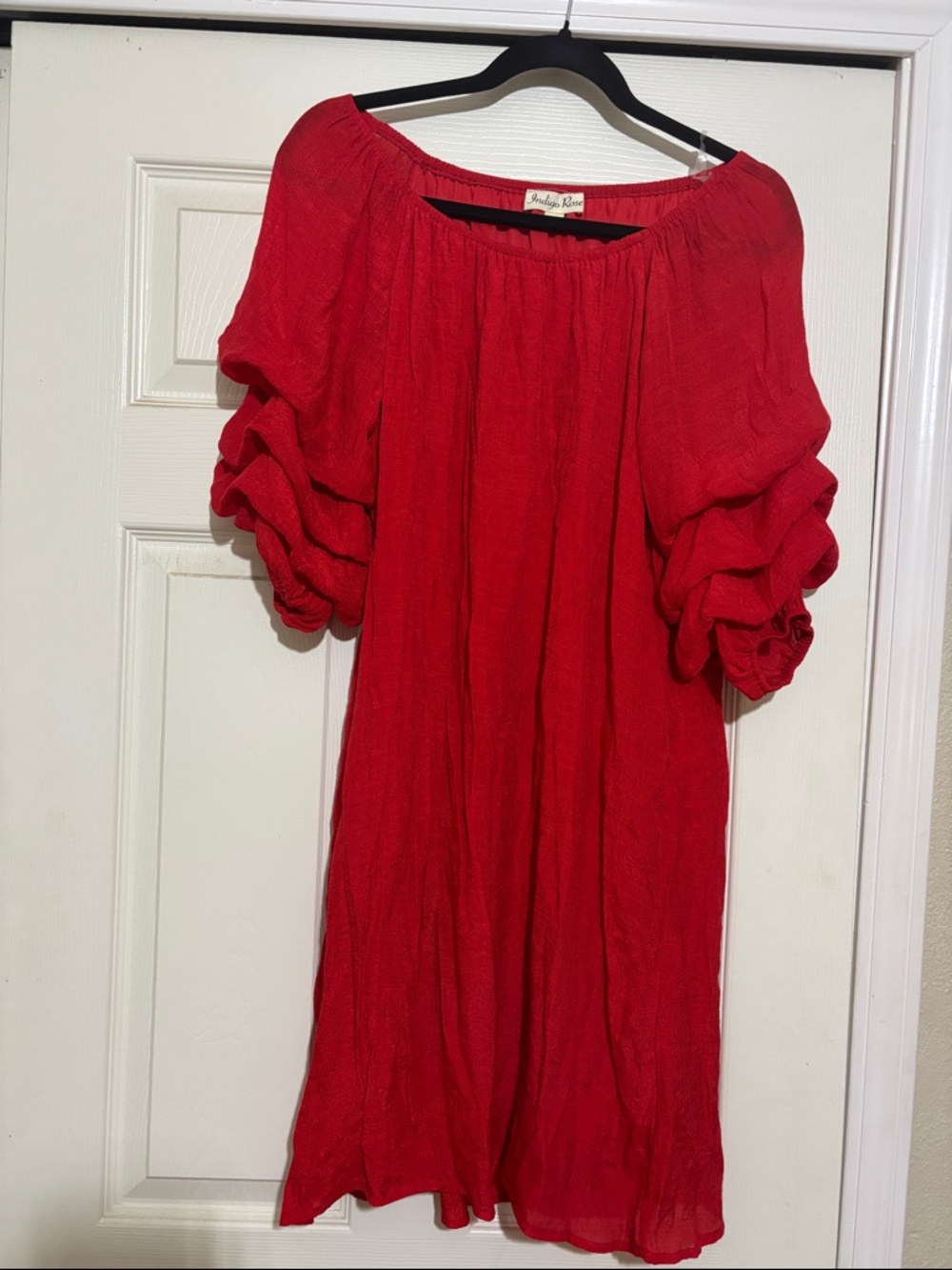 Red Ruffled Puff-Sleeve Peasant Dress